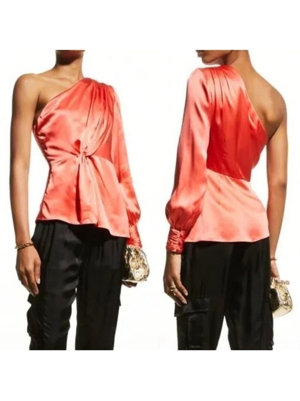 Cinq á Sept Stace Silk One Shoulder Blouse in Neon Coral Size Medium